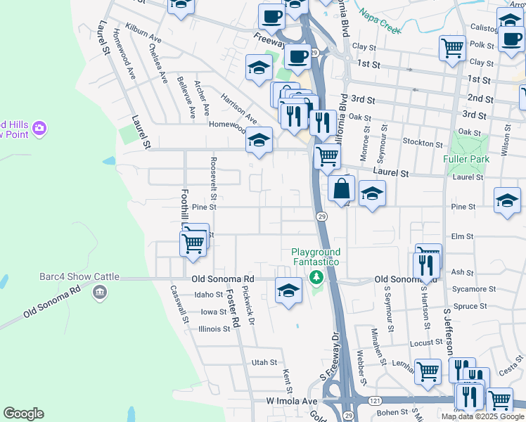 map of restaurants, bars, coffee shops, grocery stores, and more near 252 Collier Boulevard in Napa