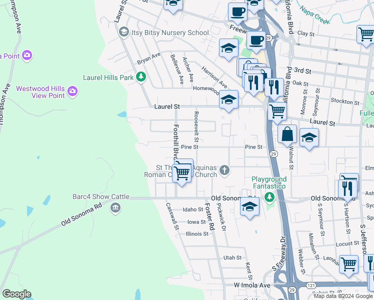 map of restaurants, bars, coffee shops, grocery stores, and more near 2841 Pine Street in Napa