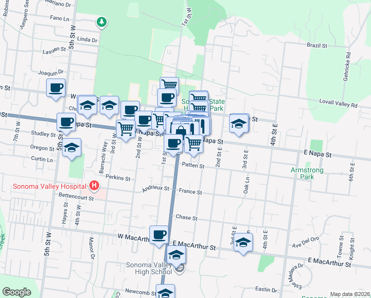 map of restaurants, bars, coffee shops, grocery stores, and more near 27 East Napa Street in Sonoma