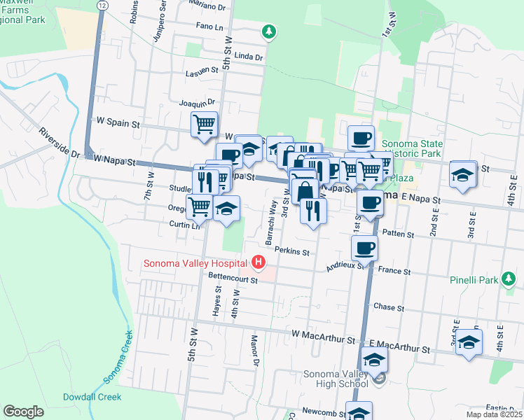 map of restaurants, bars, coffee shops, grocery stores, and more near 620 Barrachi Way in Sonoma