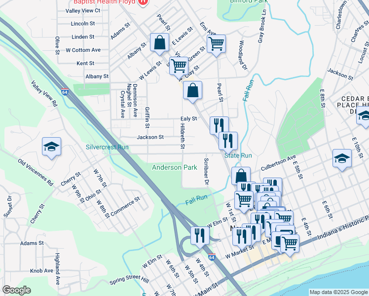 map of restaurants, bars, coffee shops, grocery stores, and more near 173 Cherry Street in New Albany