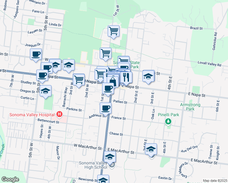 map of restaurants, bars, coffee shops, grocery stores, and more near 579 1st Street East in Sonoma