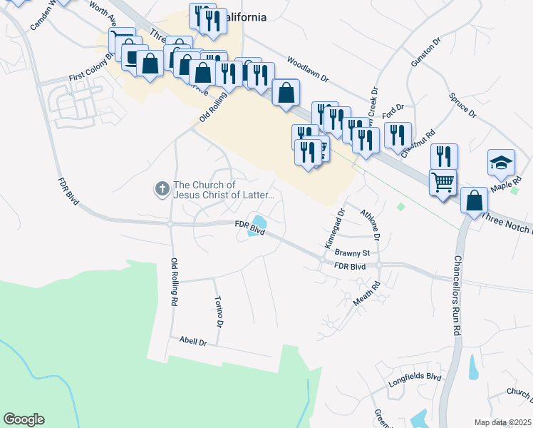 map of restaurants, bars, coffee shops, grocery stores, and more near 22703 Ventura Way in California