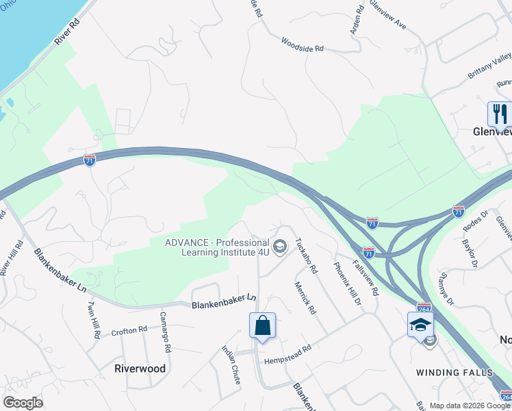 map of restaurants, bars, coffee shops, grocery stores, and more near 2511 Woodside Road in Louisville