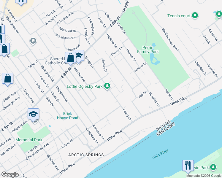 map of restaurants, bars, coffee shops, grocery stores, and more near 438 Ewing Lane in Jeffersonville