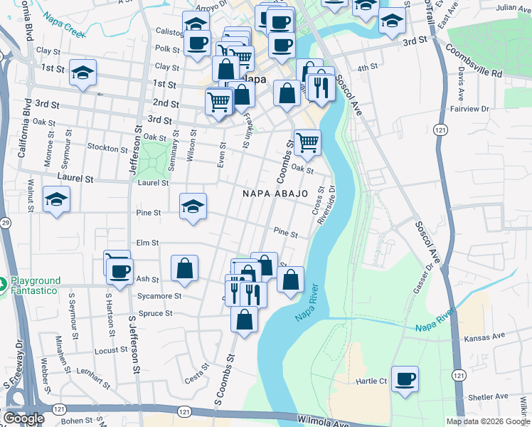map of restaurants, bars, coffee shops, grocery stores, and more near 341 Coombs Street in Napa