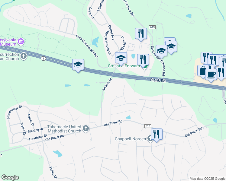 map of restaurants, bars, coffee shops, grocery stores, and more near 12204 Abner Court in Fredericksburg