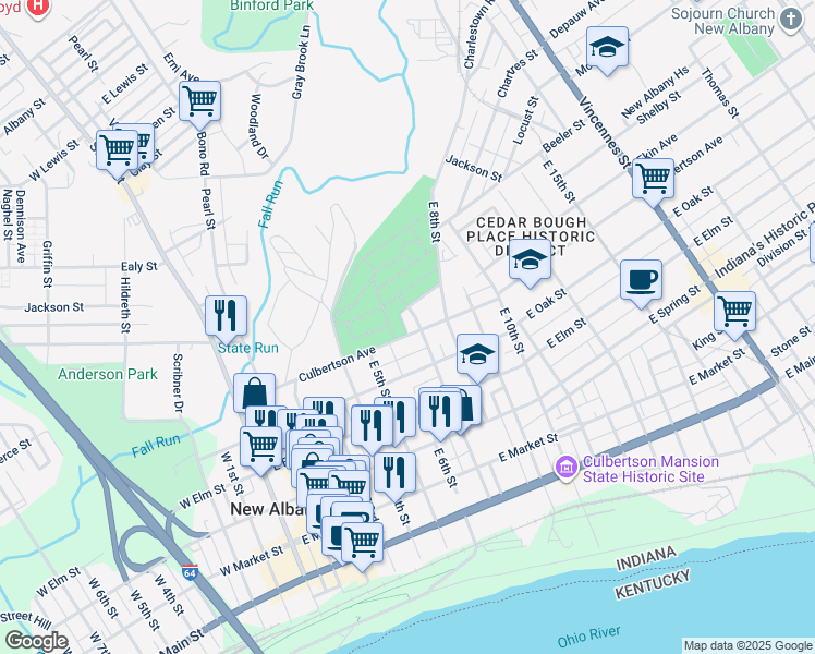 map of restaurants, bars, coffee shops, grocery stores, and more near 611 Culbertson Avenue in New Albany
