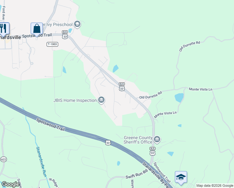 map of restaurants, bars, coffee shops, grocery stores, and more near 1-99 Holmes Run Pl in Stanardsville
