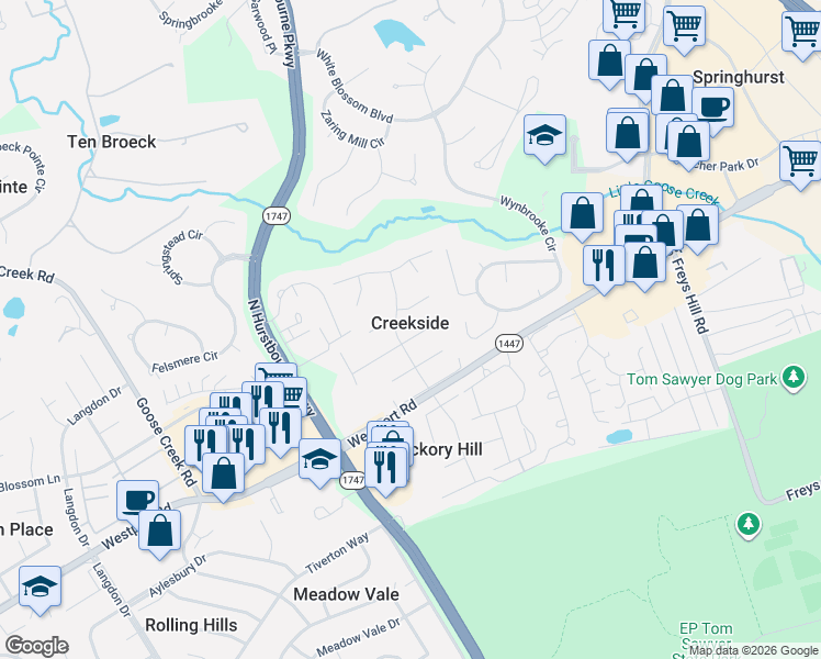 map of restaurants, bars, coffee shops, grocery stores, and more near 9903 Stonehenge Way in Louisville