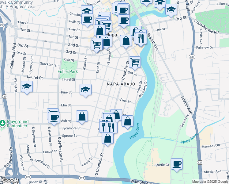 map of restaurants, bars, coffee shops, grocery stores, and more near George Alley in Napa