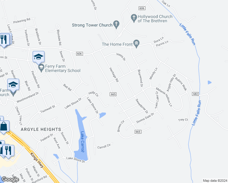 map of restaurants, bars, coffee shops, grocery stores, and more near 38 Clarion Drive in Fredericksburg