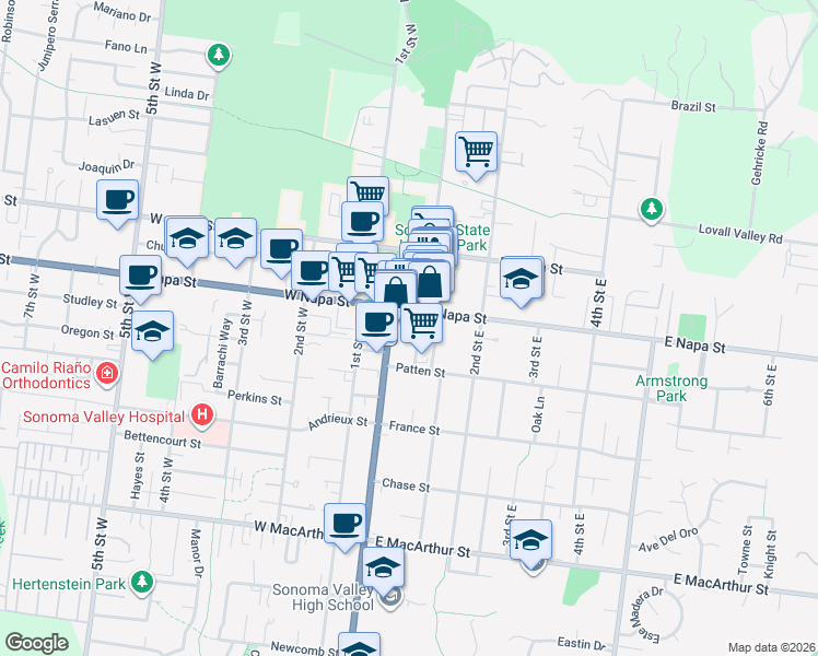 map of restaurants, bars, coffee shops, grocery stores, and more near 8 East Napa Street in Sonoma