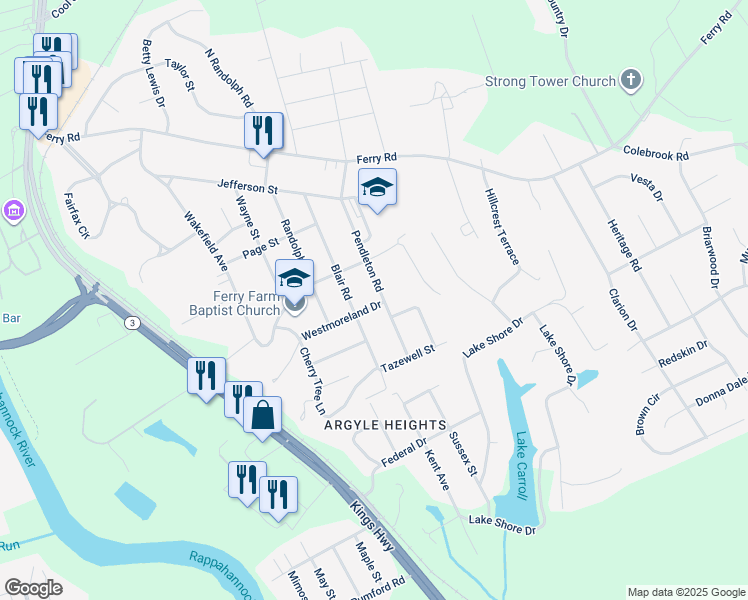 map of restaurants, bars, coffee shops, grocery stores, and more near 37 Pendleton Road in Fredericksburg
