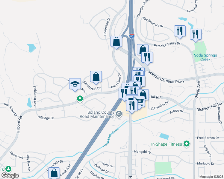 map of restaurants, bars, coffee shops, grocery stores, and more near 3458 Glen Ellen Drive in Fairfield