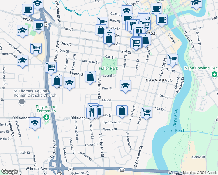 map of restaurants, bars, coffee shops, grocery stores, and more near 1782 Pine Street in Napa