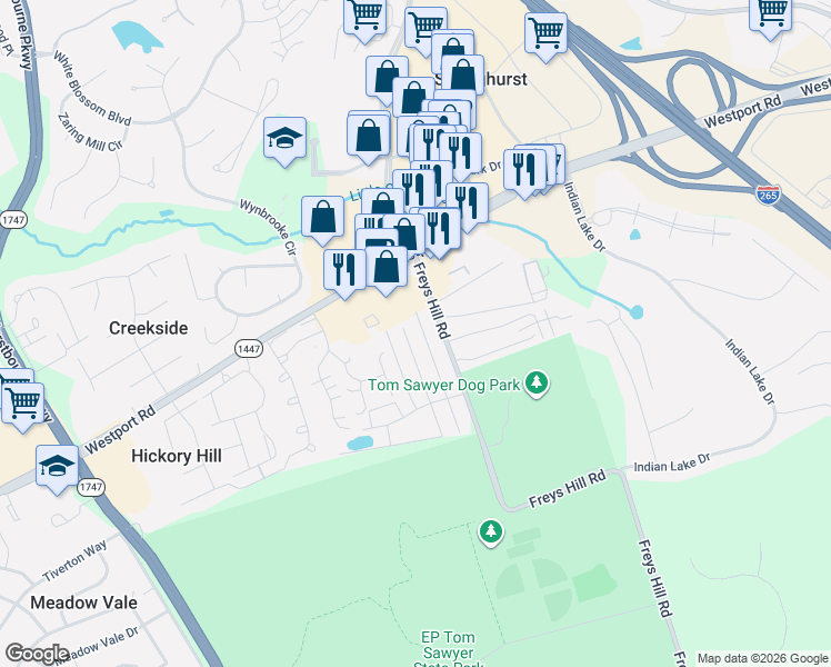 map of restaurants, bars, coffee shops, grocery stores, and more near 3308 Freys Hill Road in Louisville