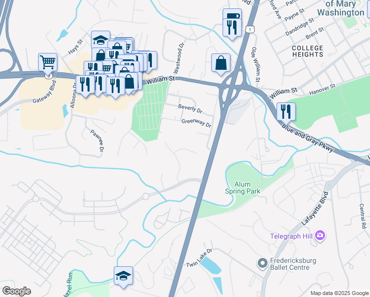 map of restaurants, bars, coffee shops, grocery stores, and more near Jubal Early Drive in Fredericksburg