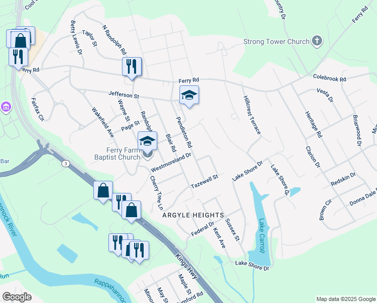 map of restaurants, bars, coffee shops, grocery stores, and more near 37 Pendleton Road in Fredericksburg