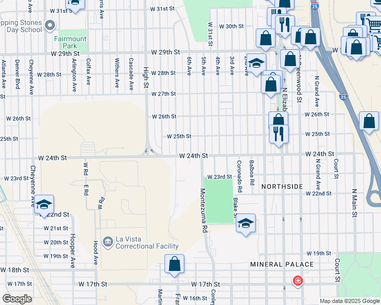 map of restaurants, bars, coffee shops, grocery stores, and more near 1611 6th Avenue in Pueblo