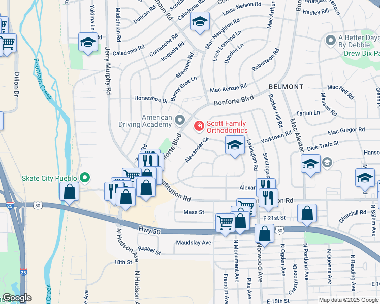 map of restaurants, bars, coffee shops, grocery stores, and more near 930 Alexander Circle in Pueblo