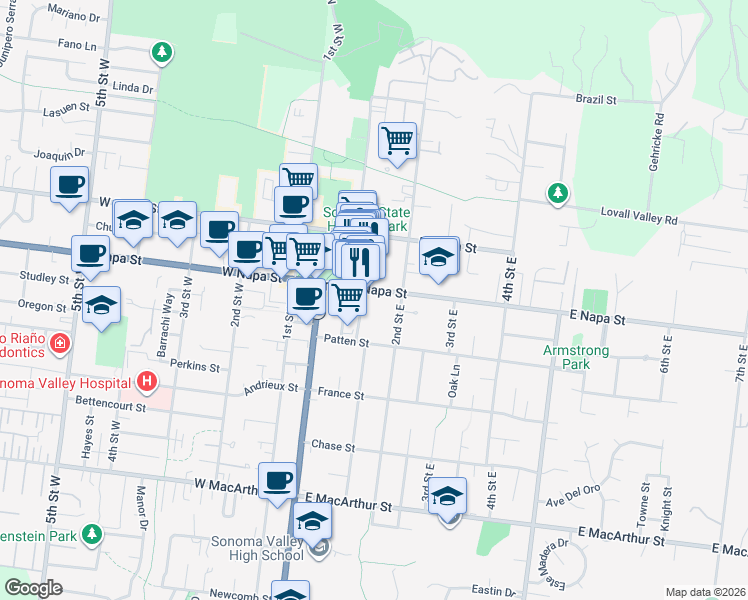 map of restaurants, bars, coffee shops, grocery stores, and more near 156 East Napa Street in Sonoma