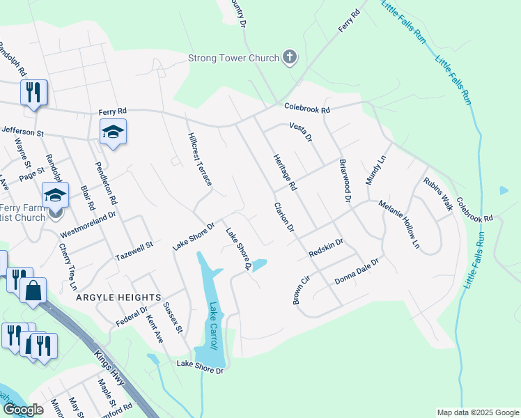 map of restaurants, bars, coffee shops, grocery stores, and more near 5 Camelot Court in Fredericksburg