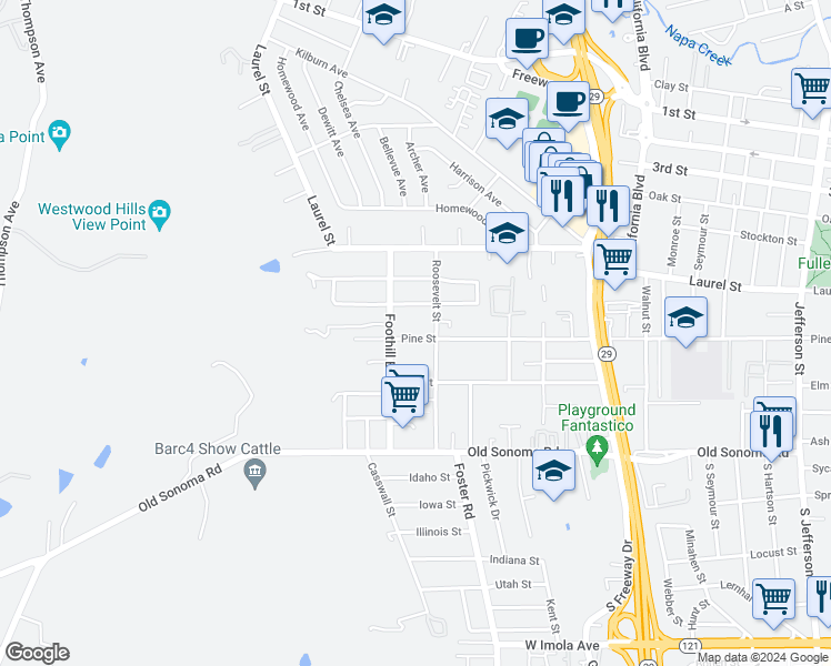 map of restaurants, bars, coffee shops, grocery stores, and more near 2844 Pine Street in Napa