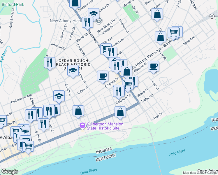 map of restaurants, bars, coffee shops, grocery stores, and more near 1509 East Spring Street in New Albany