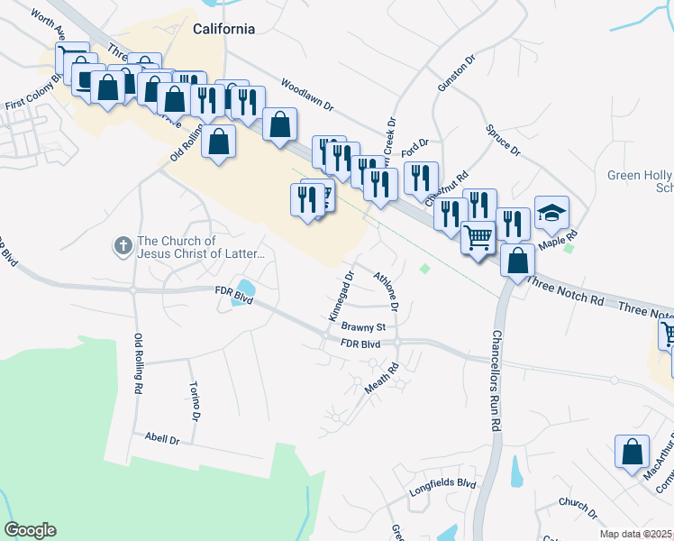 map of restaurants, bars, coffee shops, grocery stores, and more near 45488 Ballymore Place in Great Mills
