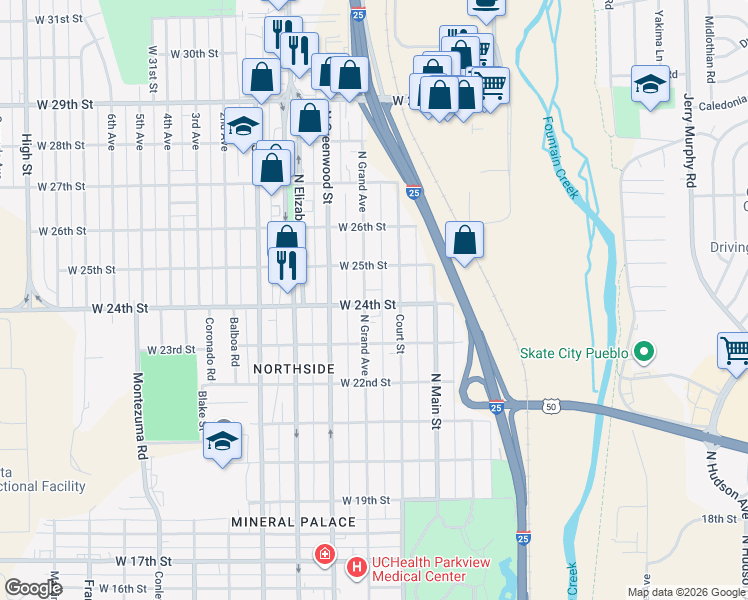 map of restaurants, bars, coffee shops, grocery stores, and more near 2418 North Grand Avenue in Pueblo