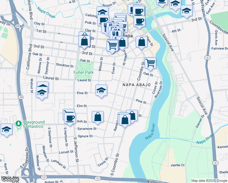 map of restaurants, bars, coffee shops, grocery stores, and more near 1491 Laurel Street in Napa