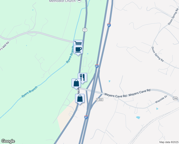 map of restaurants, bars, coffee shops, grocery stores, and more near 32 Landings Lane in Weyers Cave