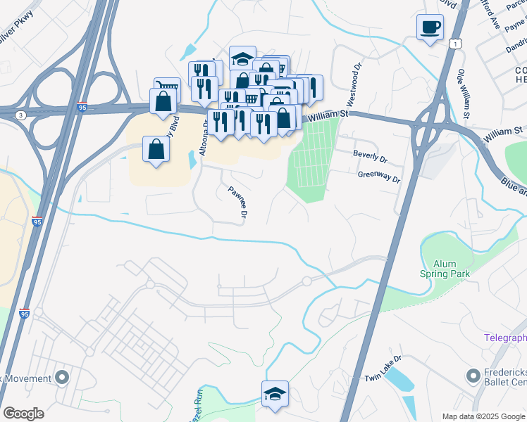 map of restaurants, bars, coffee shops, grocery stores, and more near 114 Huntington Hills Lane in Fredericksburg
