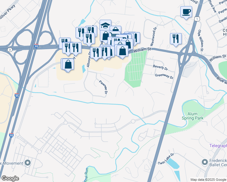 map of restaurants, bars, coffee shops, grocery stores, and more near 114 Huntington Hills Lane in Fredericksburg