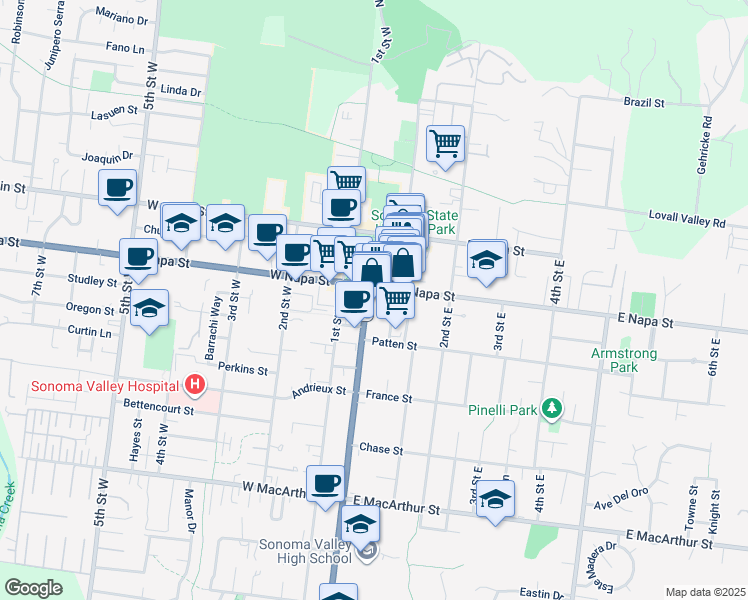 map of restaurants, bars, coffee shops, grocery stores, and more near 8 East Napa Street in Sonoma