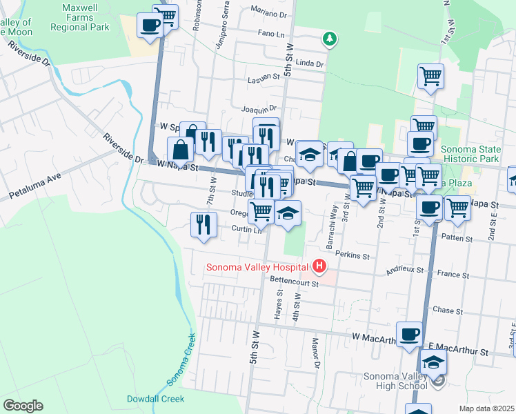 map of restaurants, bars, coffee shops, grocery stores, and more near 530 Studley Street in Sonoma