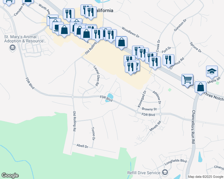 map of restaurants, bars, coffee shops, grocery stores, and more near 22722 Bayside Way in California