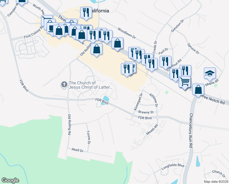 map of restaurants, bars, coffee shops, grocery stores, and more near 45575 Catalina Lane in California