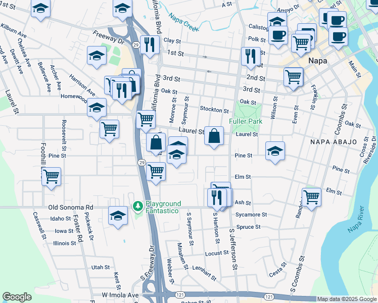 map of restaurants, bars, coffee shops, grocery stores, and more near 456 Seymour Street in Napa