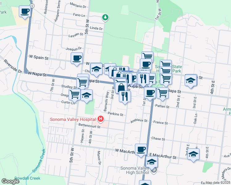 map of restaurants, bars, coffee shops, grocery stores, and more near 245 West Napa Street in Sonoma