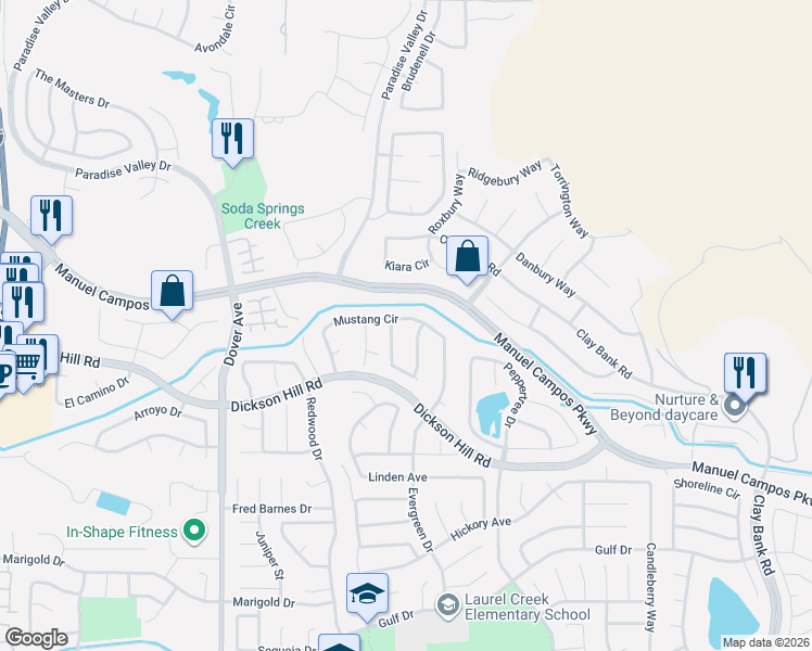 map of restaurants, bars, coffee shops, grocery stores, and more near 3256 Mustang Circle in Fairfield