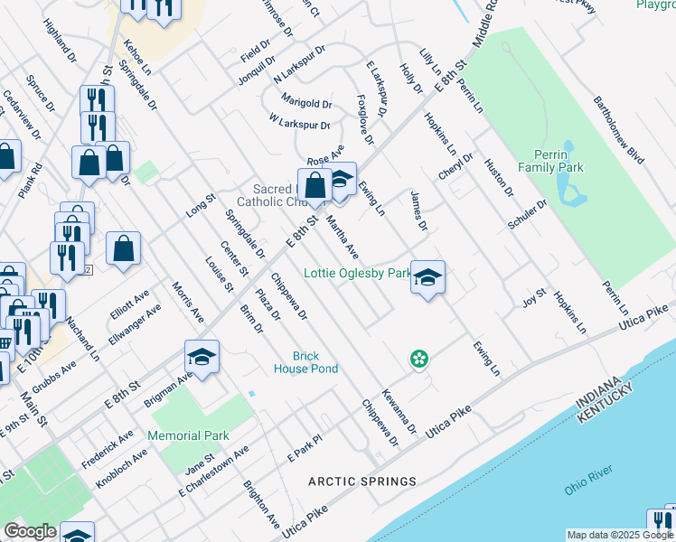 map of restaurants, bars, coffee shops, grocery stores, and more near 710 Roma Avenue in Jeffersonville