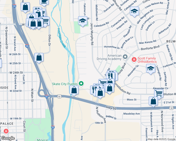 map of restaurants, bars, coffee shops, grocery stores, and more near 9 Full Moon Court in Pueblo
