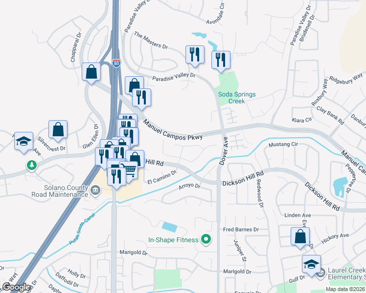 map of restaurants, bars, coffee shops, grocery stores, and more near Fiesta Ct & El Camino Way in Fairfield