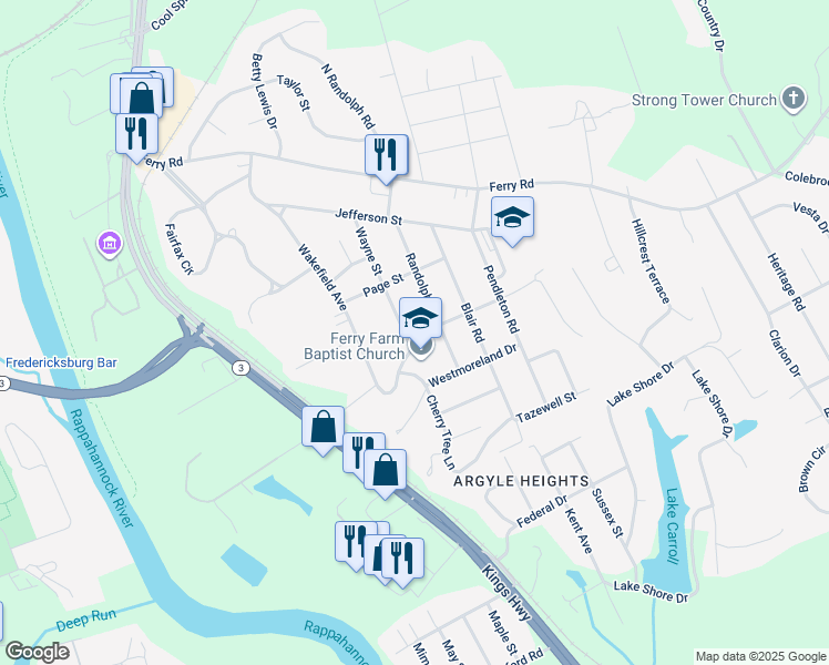 map of restaurants, bars, coffee shops, grocery stores, and more near 30 Wayne Street in Fredericksburg