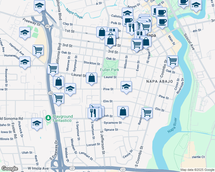 map of restaurants, bars, coffee shops, grocery stores, and more near 1782 Pine Street in Napa