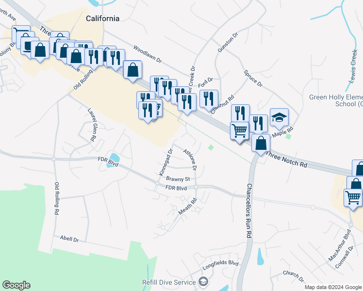 map of restaurants, bars, coffee shops, grocery stores, and more near 22698 Athlone Drive in Great Mills