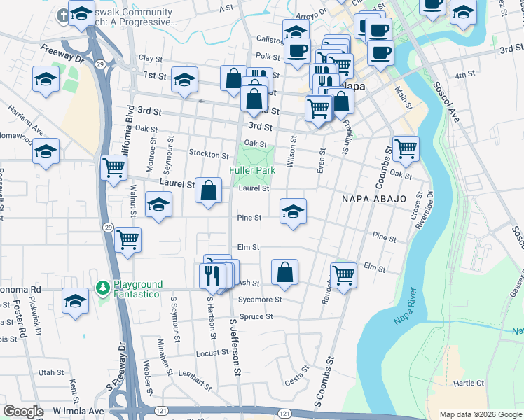 map of restaurants, bars, coffee shops, grocery stores, and more near 449 Seminary Street in Napa