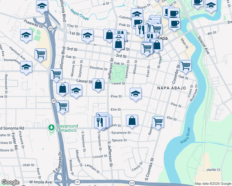 map of restaurants, bars, coffee shops, grocery stores, and more near 1782 Pine Street in Napa